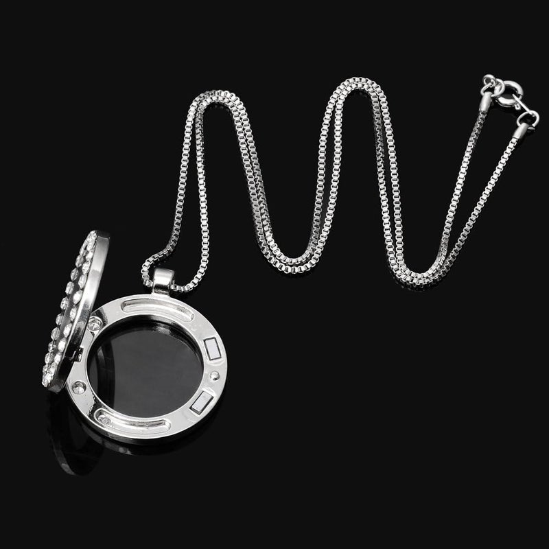 RUBYCA Living Memory Floating Charm Round Glass Locket Pendant Necklace 20 Inches 5pcs Silver Tone White Crystal - Image 4